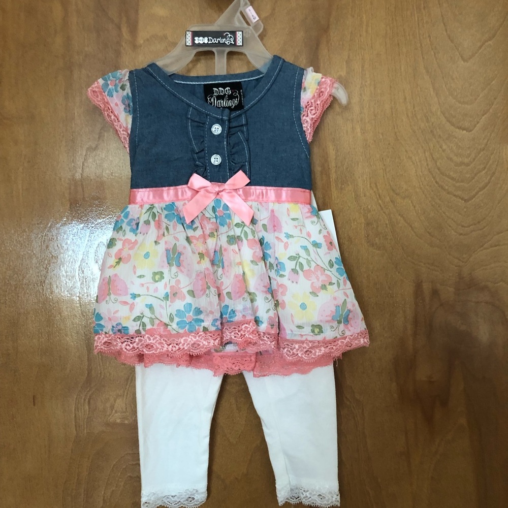 3-6 months baby girl floral lace denim look dress with white leggings